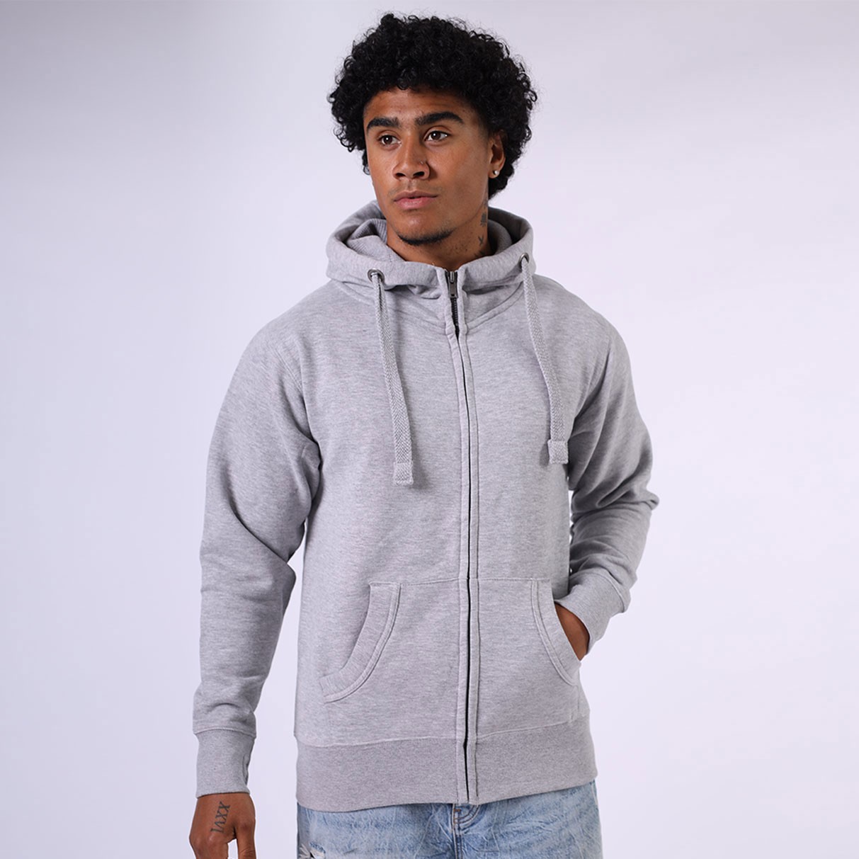 Peach Finish Zip hoodie Model Front Grey